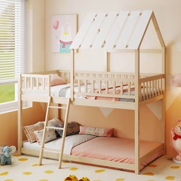 Costway Lit Superposé Style Maisonnette Simple sur Simple avec Toit, Échelle et Garde-Corps Pleine Longueur pour Enfants Naturel