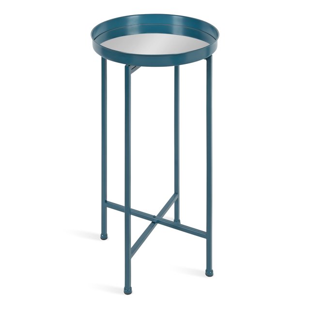 Kate and Laurel Celia Table d'Appoint Ronde en Métal Pliable avec Plateau, 14x14x25,75, Sarcelle/miroir