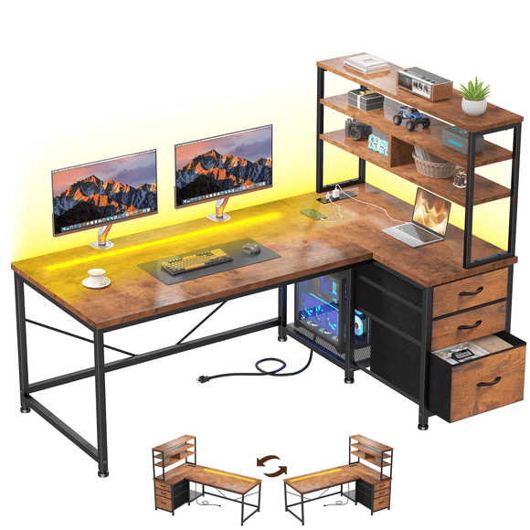 Exenoray L-Shaped Computer Desk with Drawers & Shelves, Corner Desk with LED Lights and Power Outlet, 31.2" W x 55.1" D x 58.7" H, Rustic Brown