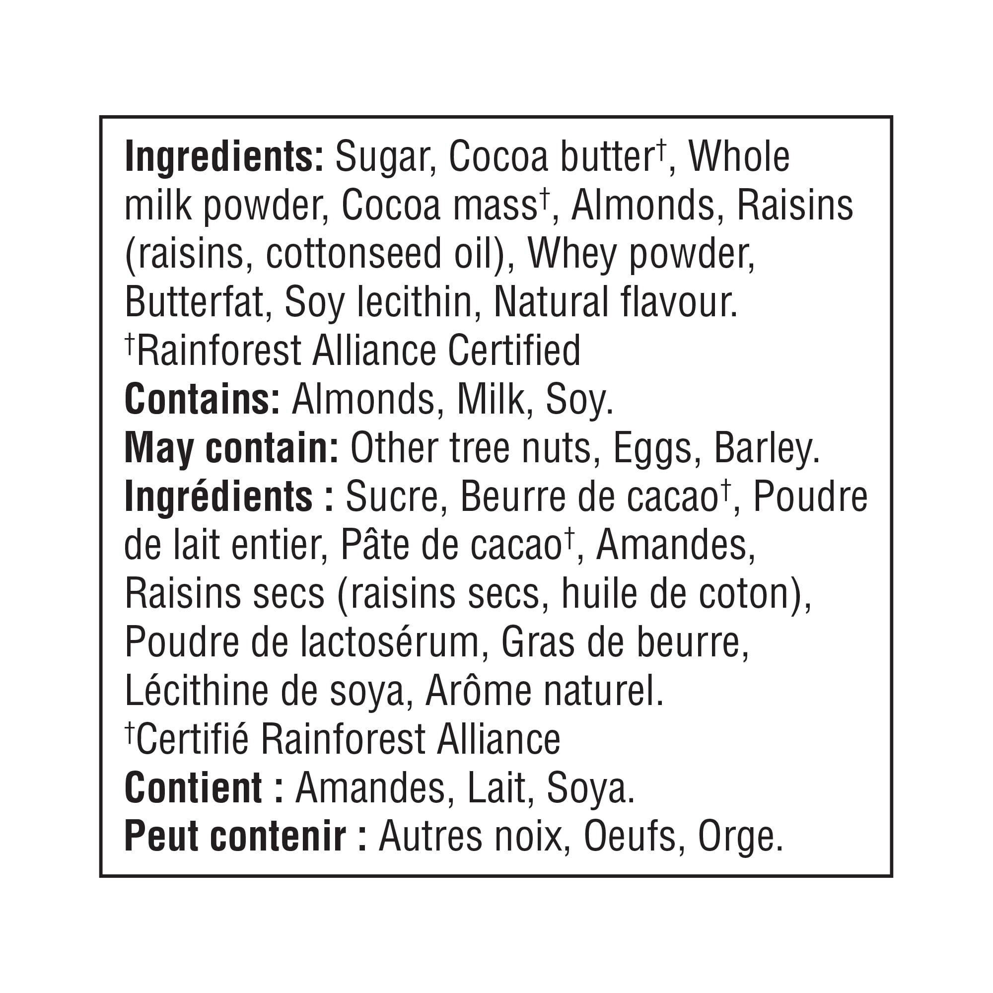 Chocolat au lait aux amandes et raisins secs de Great Value