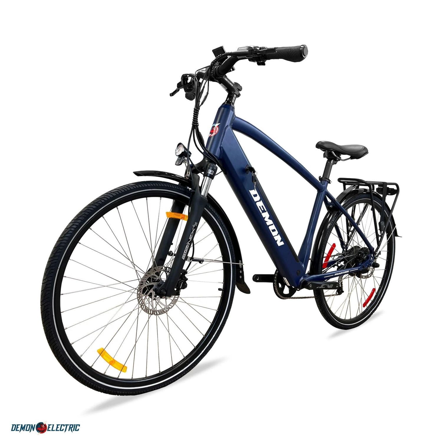 Demon Electric Vélo électrique de 27,5 pouces, moteur de 350 W, vélo électrique pour les adultes, 32 km/h, vélo électrique de ville Shimano 9 vitesses, Bleu marine