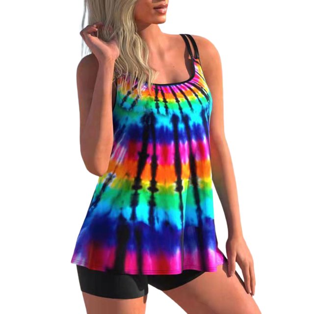 Wangsaura Women Swim Shirt + Shorts, Geometry/Rainbow/Butterfly Print Swimwear