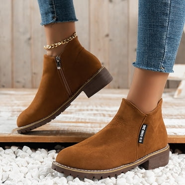 Bmisegm Womens Flat Boots 8 Wide Fashion Women Low Ankle Trim Round Toe Ankle Leather Boots Casual and Ladies Shoes Leisure Boots for Women Brown 6.5