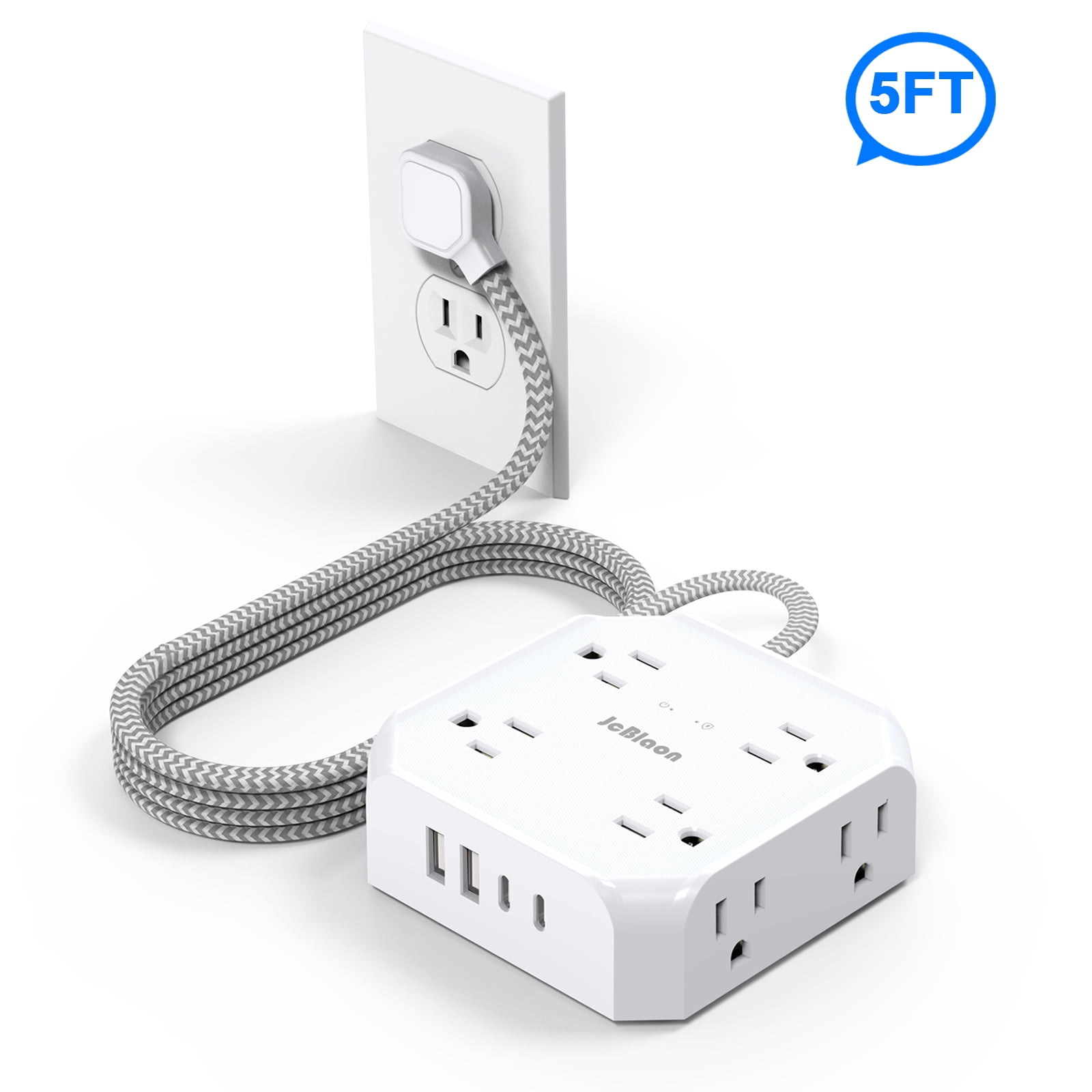 5 Ft Flat Extension Cord, Tcstei Ultra-Thin Flat Plug Surge Protector Power Strip, 3-Sided Outlet Extender, 8 AC Outlets and 4 USB Ports(2 USB C) for Home, Office, Dorm Room Essentials, ETL, White
