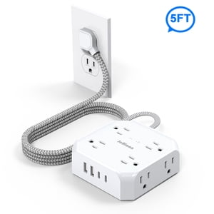 5 Cord d'extension plat Ft, bande de puissance du protecteur de surpression Tcstei ultra-mince, 3-Sided Extendeur de sortie, 8 AC Sorties et 4 USB Ports(2 USB C) pour la maison, bureau, salle de dortoir essentiels, ETL, blanc