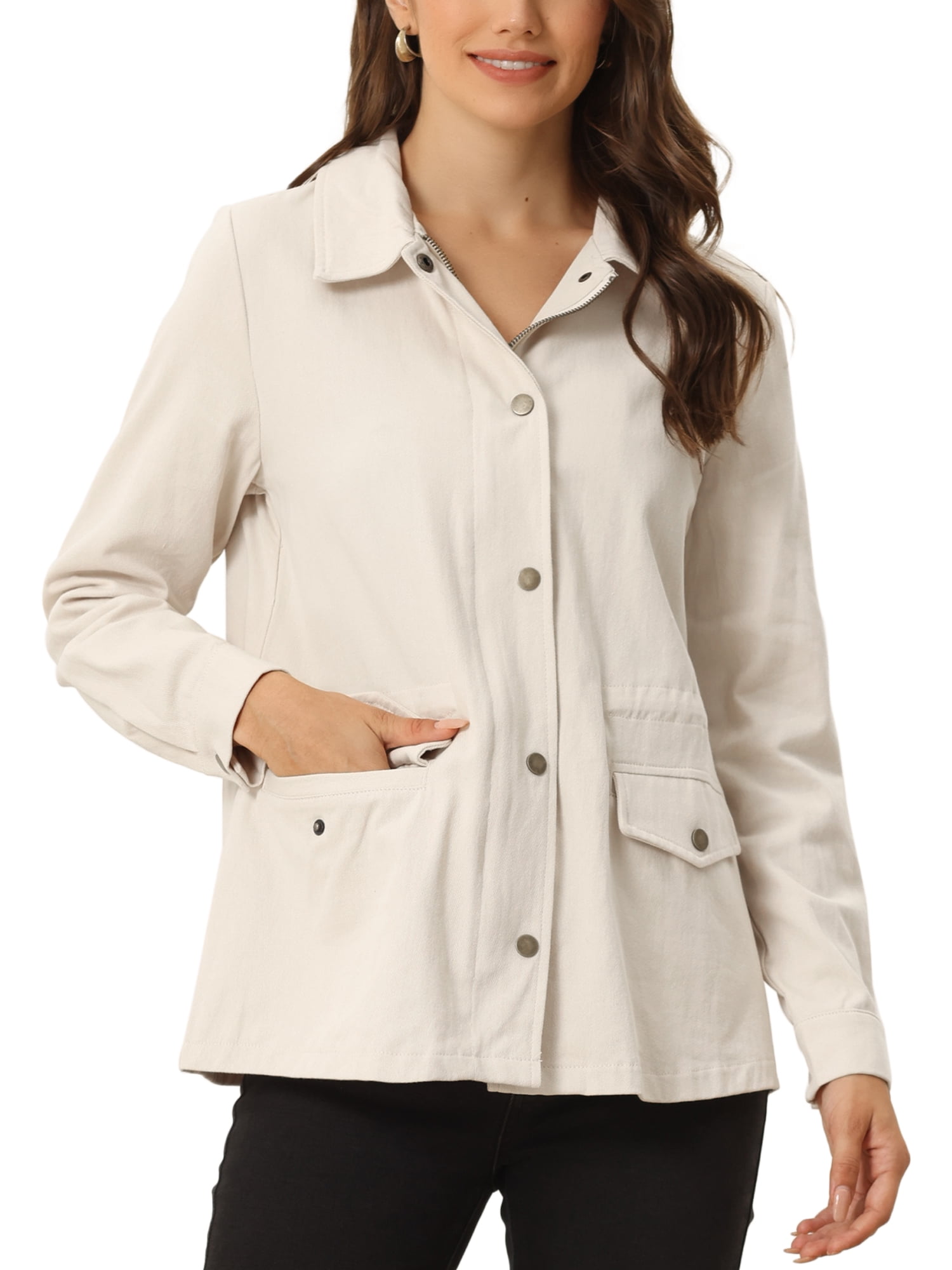 INSPIRE CHIC Women's Utility Jackets Drawstring Waist Flap Pockets Lightweight Jacket Apricot L