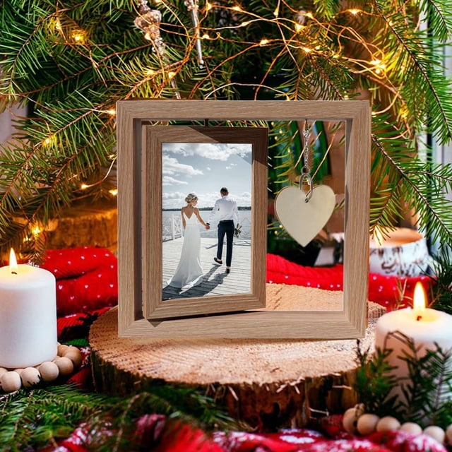 EGNMCR Valentine's Day picture frame crafted from durable beige wood, featuring a rectangular design with a heart-shaped charm on the side. The frame holds an 8x6 photo with a mat or larger photos without a mat. Displayed with a wedding photo, it is set against a festive holiday backdrop with candles, ornaments, and a Christmas tree, highlighting its decorative appeal. Suitable for wall mounting or tabletop display.
