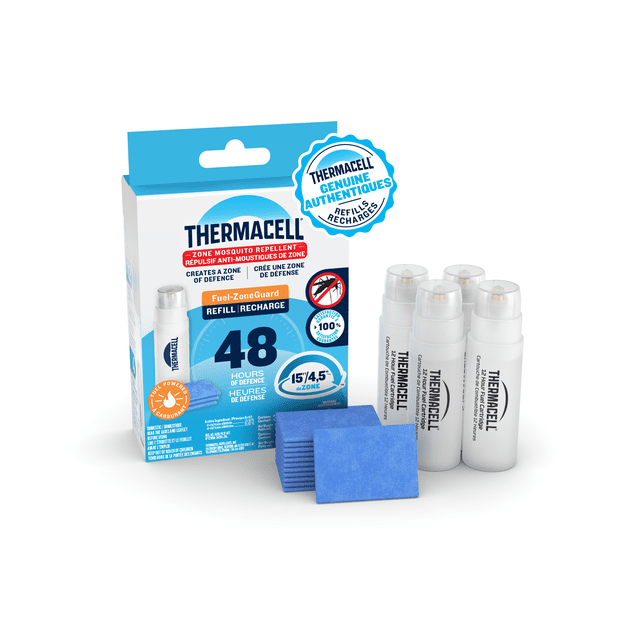 Thermacell Recharges Originales Anti-Moustiques avec Quatre Cartouches de Carburant Blanches de 12 Heures et Douze Tapis Anti-Moustiques Bleus de 4 Heures, Offrant 48 Heures de Protection contre les Moustiques Sans Parfum dans une zone de 15 Pieds (4,5 m), Compatibles avec la Plupart des Répulsifs à Carburant Thermacell pour Usage Extérieur.