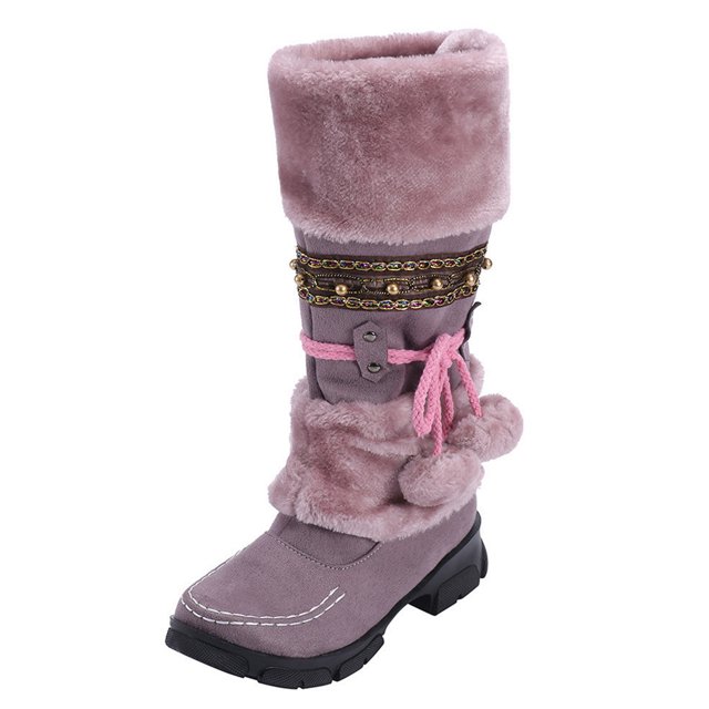 Bottes d'Hiver pour Femmes Chaudes à Bout Haut Rétro à Talons Ronds Bottillons à Pompon Mi-Hauteur - à Enfiler pour un Confort Stylé par Temps Froid