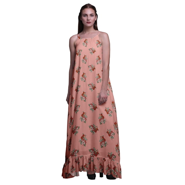 Bimba Robe de Nuit Imprimée Rose Pâle Saumon2 Feuilles Florales et Roses Grandiflora pour Femmes Longue à Bretelles Spaghetti Robe Maxi Vêtement de Nuit Robe Medium