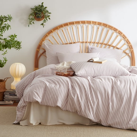 JOLUSERE 100% Cotton Striped Duvet Cover Twin Set, 2-Piece Linen Like Textured Breathable Comforter Cover(Greyish Pink& White Classic Stripes)