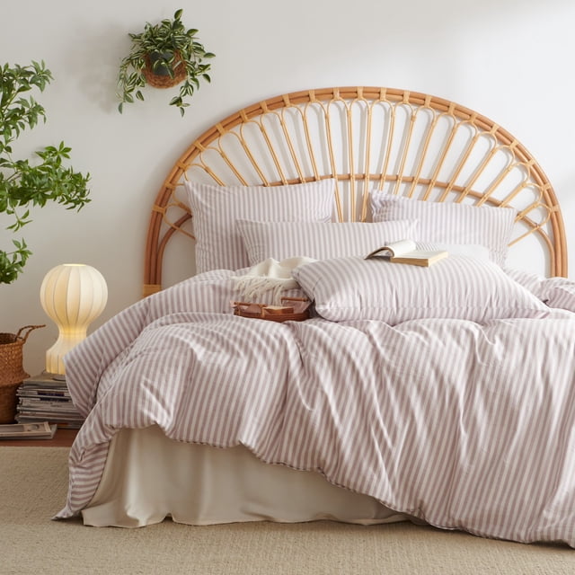 JOLUSERE Housse de Couette à Rayures 100 % Coton Ensemble Simple, Housse de Couette 2 Pcs à Texture Type Lin Respirante (Rayures Classiques Rose Grisâtre et Blanc)