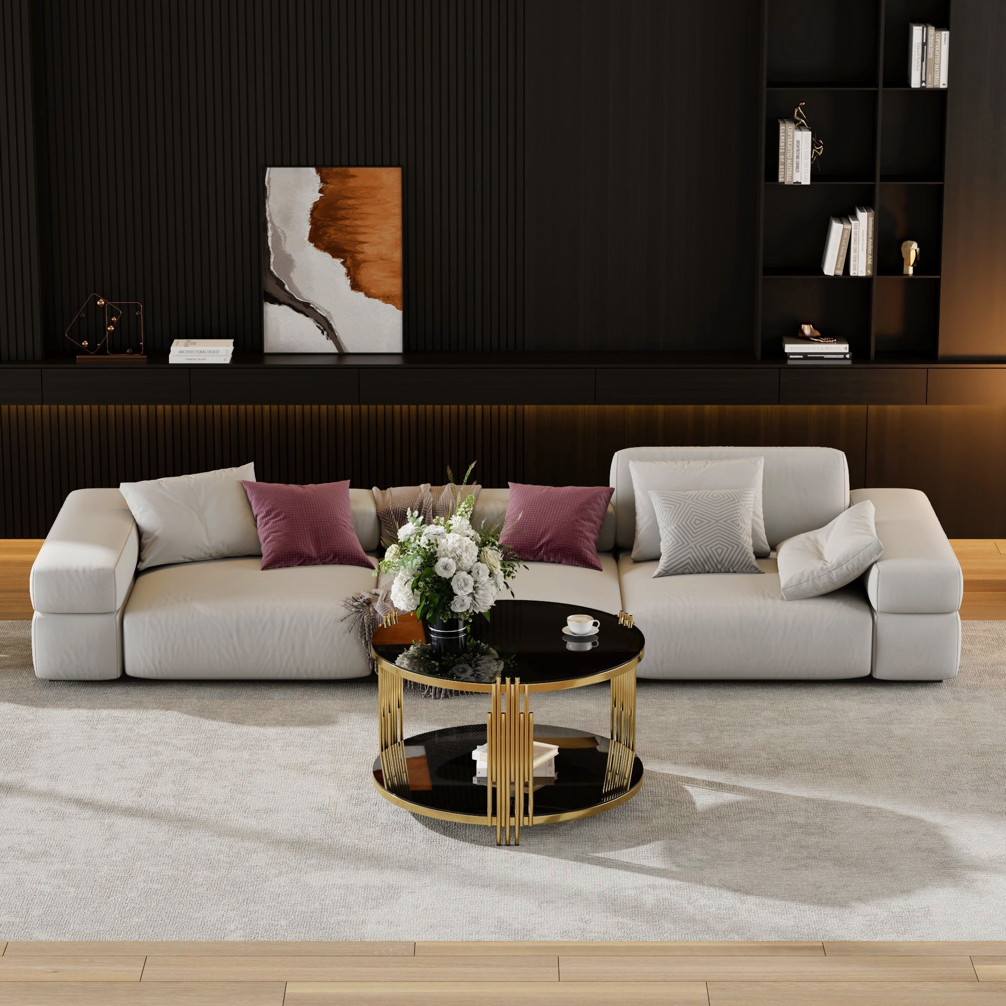 Table basse moderne en verre Noble House 31,5 po, fini doré, noir et or