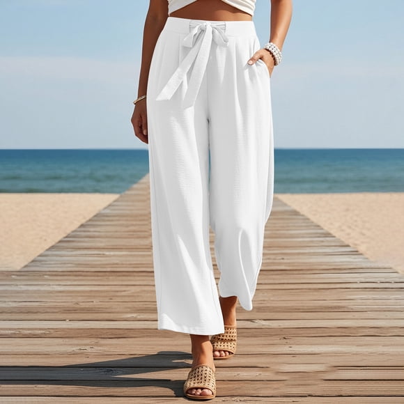 HongQid Wide Leg Palazzo Pants for Women Summer High Waist Flowy Loose Casual Lounge Trousers Beach Travel Vacation Clothes