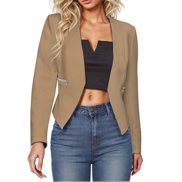 EGNMCR Womens Blazer Jackets, Long Sleeve Lapel Open Front Pockets, Casual Work Office Blazers Women's Suit Open Front Cardigan Jacket Daily Commute Office Solid Zipper Suit Short Blazers Women Coat