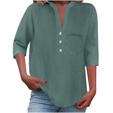 Lenpel Hauts pour Femmes à Manches 3/4, Col en V, Demi-Boutonnage, Couleur Unie, Chemises de Travail Business Casual, Tuniques Amples