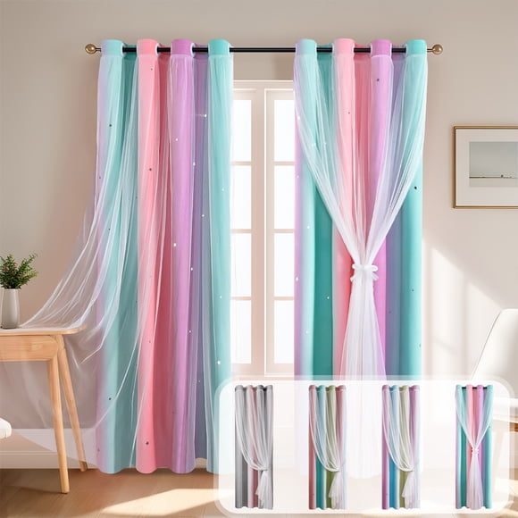 pstuiky Gradient Striped Blackout Curtains Double Layer with Sheer & Star Print 100% Polyester 100X130Cm (39X51 Inches)