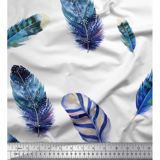 Soimoi Blue Poly Georgette Fabric Artistic Feather Print Fabric by Yard 52 Inch Wide
