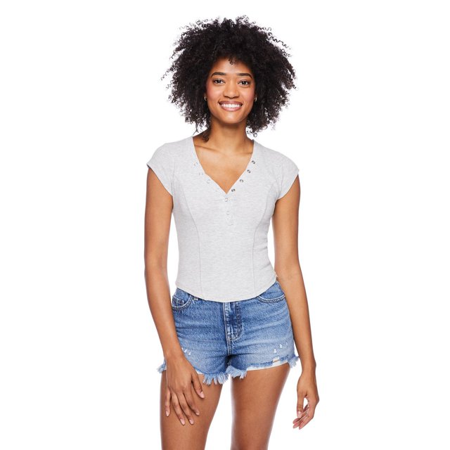 No Boundaries Women's Rib Henley Tee