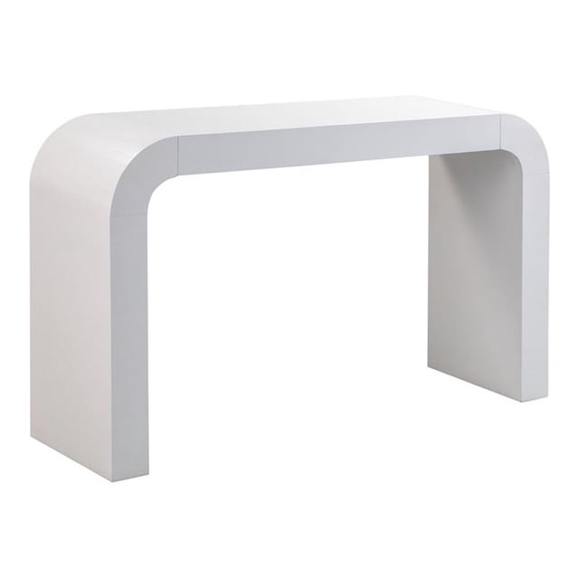 TOV Furniture Hump 31.9-inch modern acacia wood console table in white. Features a rounded silhouette with a white acacia finish, blending neutral tones to complement various decor styles. Made from acacia wood, veneer, and MDF, this handmade table measures 31.9 inches in height, 53.9 inches in width, and 15 inches in depth. The tabletop thickness is 4 inches, and the leg height is 3.9 inches. Suitable for living rooms or accent spaces, minor assembly required.