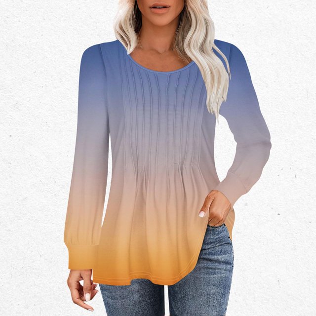 RXIRUCGD Hauts Décontractés pour Femmes, Mode, Amples, Plissés, Col Rond, à Manches Longues Dégradées, Jaune, Taille : M