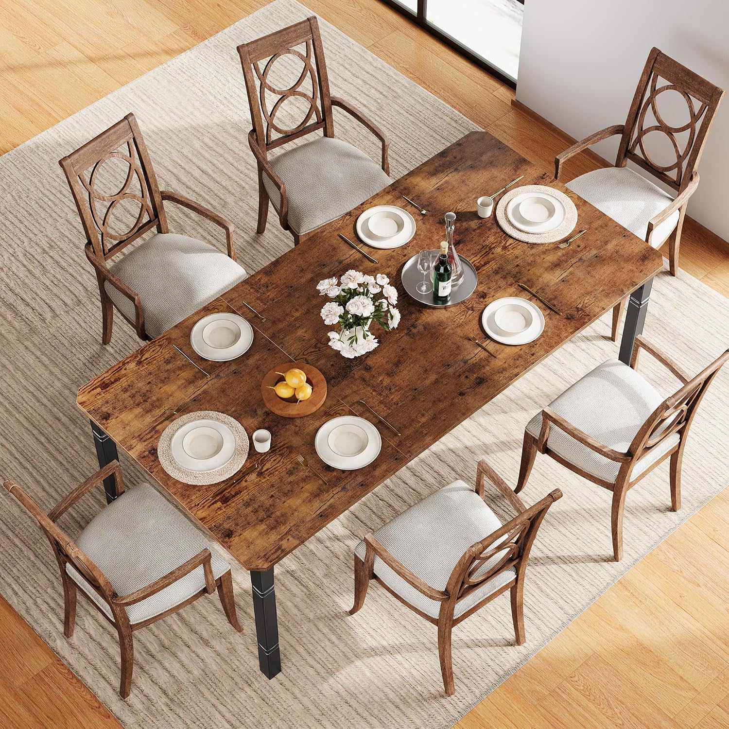 Industrial Dining Table for 6-8, Rectangular Wood Top with Metal Legs, Modern Farmhouse Dining Table for Kitchen, Dining Room, Living Room, Office，Black+Brown