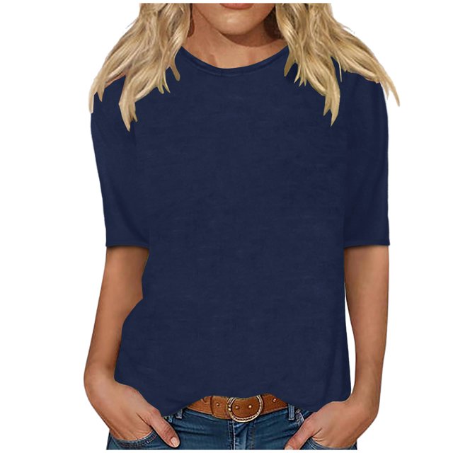 Erwazi T-Shirts à Manches Mi-Longues pour Femmes, Décontractés, Coupe Ample, Col Ras du Cou, Mignons, Unis, Tuniques Basiques