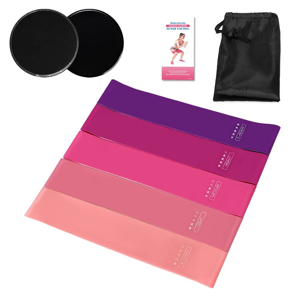 5PCS Resistance Loop Bands Set with 2PCS Dual Sided Core Sliders for Yoga Home Gym Training