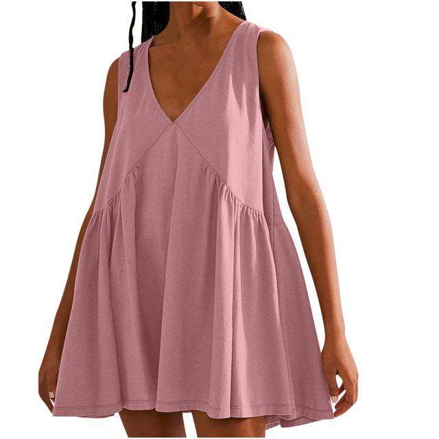 Penkiiy Robe Mini Sans Manches à Col en V pour Femme, Ample, d'Été, Plissée, Évasée, Fluide, Robe Soleil, L Rouge Melon D\'eau