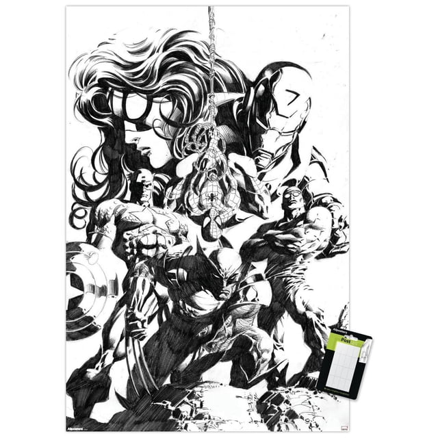 Marvel Sketch - Group Wall Poster, 14.725" x 22.375" framed, depicting a black and white detailed sketch of Marvel superheroes including Spider-Man hanging upside down from a web at the center, Iron Man behind him, Wolverine crouched with claws extended, Captain America holding his shield, and Black Widow with flowing hair, rendered with intricate shading and line work, perfect for home or office wall décor.