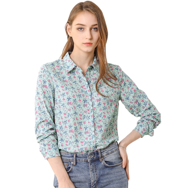 INSPIRE CHIC Women's Button Down Long Sleeve Ditsy Floral Shirt