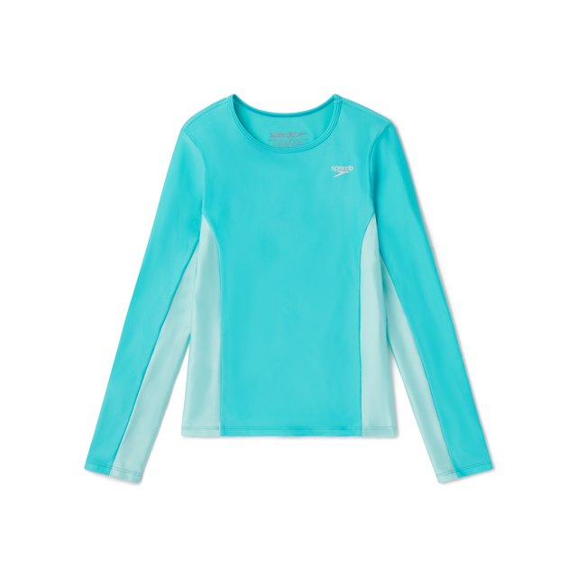 Speedo Girl's UV Protection Printed Splice UV Protection Swim Shirt Long Sleeve Rashguard - Scuba Blue, Size XL