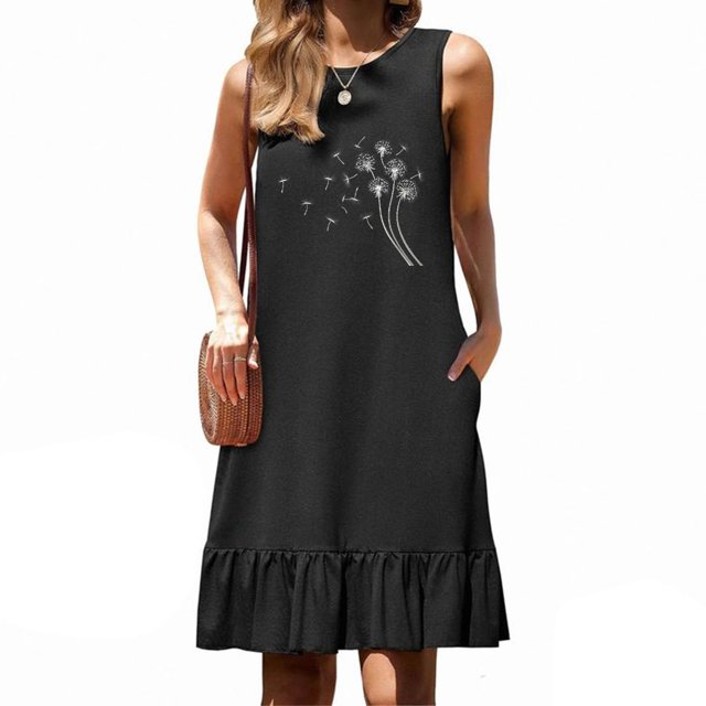 Ovzne Robes d'Été pour Femmes Robe Femmes Mode Femmes Imprimé Col Rond Sans Manches Poche Jupe Plissée Robe à Empiècements Robe d'Été Imprimée Liquidation