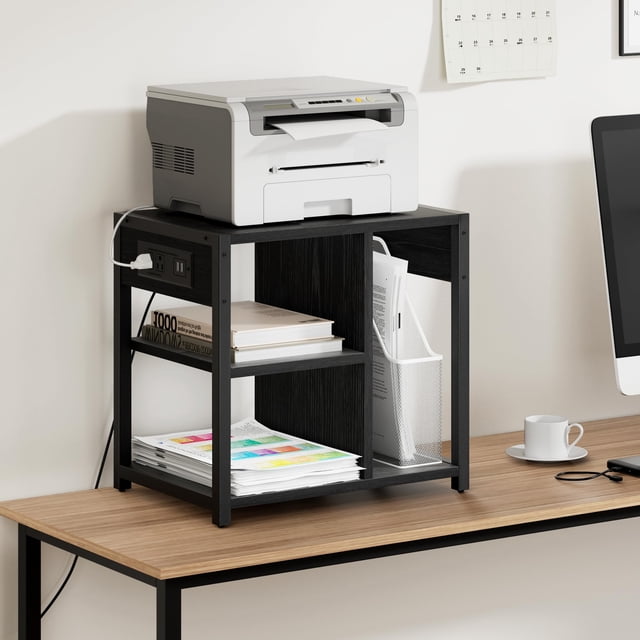 Kojooin Printer Stand with USB Charging Ports & Power Outlets, 3-Tier Storage Rolling Cart for Home & Office