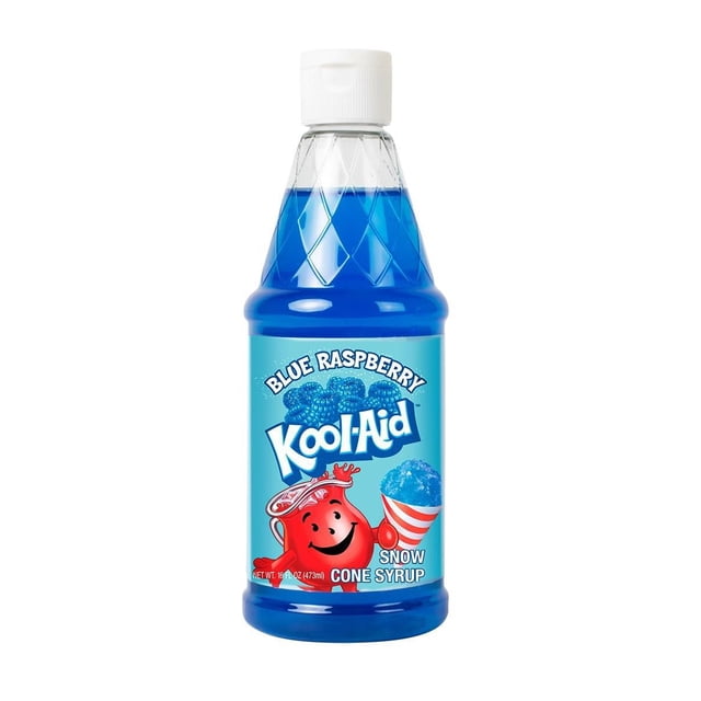 Kool-Aid Sirop pour Cônes de Neige, Framboise Bleue - Bouteille de 16 Oz avec Sirop Bleu Vif dans une Bouteille en Plastique Transparent Surmontée d'Un Bouchon à Clapet Blanc, Mettant en Vedette la Mascotte Kool-Aid Tenant un Cône de Neige Framboise Bleue, Parfait pour Préparer des Gâteries Glacées comme des Cônes de Neige, des Barbotines et de la Glace Pilée à la Maison.