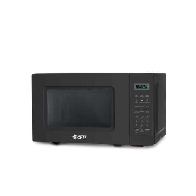 Commercial Chef 0.7 Cu Ft Microwave with 10 Power Levels, 700W black countertop microwave oven with digital LED display and keypad on the right, featuring preset menus, push-button door, child safety lock, and glass turntable, suitable for kitchens, dorms, and RVs.