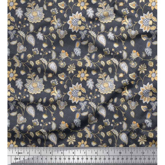 Soimoi Poly Georgette Fabric Leaves & Floral Block Print Fabric by Yard 42 Inch Wide