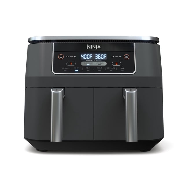 Ninja DZ201C Foodi 6-in-1 8-Qt. 2-Basket Air Fryer in black with dual independent 4-qt baskets, digital display showing 400°F and 360°F temperatures, Smart Finish and Match Cook features, and stainless steel handles, suitable for cooking mains and sides simultaneously.