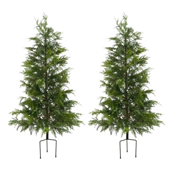 BeesClover 2-Piece Artificial Twinkle Christmas Cypress Trees with Lights, Pre-Lit Sparse Norfolk Pine, Illuminated Faux Plant Set for Indoor Holiday Decor, Home, Office, or Entryway