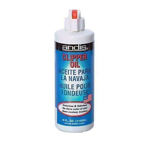 Andis Clipper & Trimmer Oil in a 4 oz resealable bottle, designed to lubricate and clean clipper blades. The bottle features a white cap and blue label with multilingual text indicating its colorless and odorless formula. Ideal for clipper accessories, including blades, shears, and trimmers.