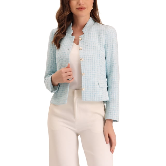 INSPIRE CHIC Women's Long Sleeve Plaid Tweed Blazer Button Down Work Short Jacket XS Light Blue