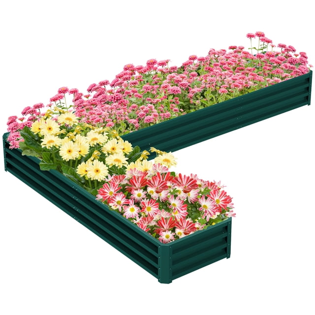 Outsunny Bac de Jardin Surélevé en L en Acier Galvanisé Vert, Conçu pour le Jardinage Extérieur. Présente une Conception à Fond Ouvert pour la Croissance Naturelle des Racines et le drainage de l'Eau. la structure en L s'Insère Parfaitement dans les Coins, Rempli de Fleurs Vibrantes dans des Tons Rose, Jaune et Rouge.