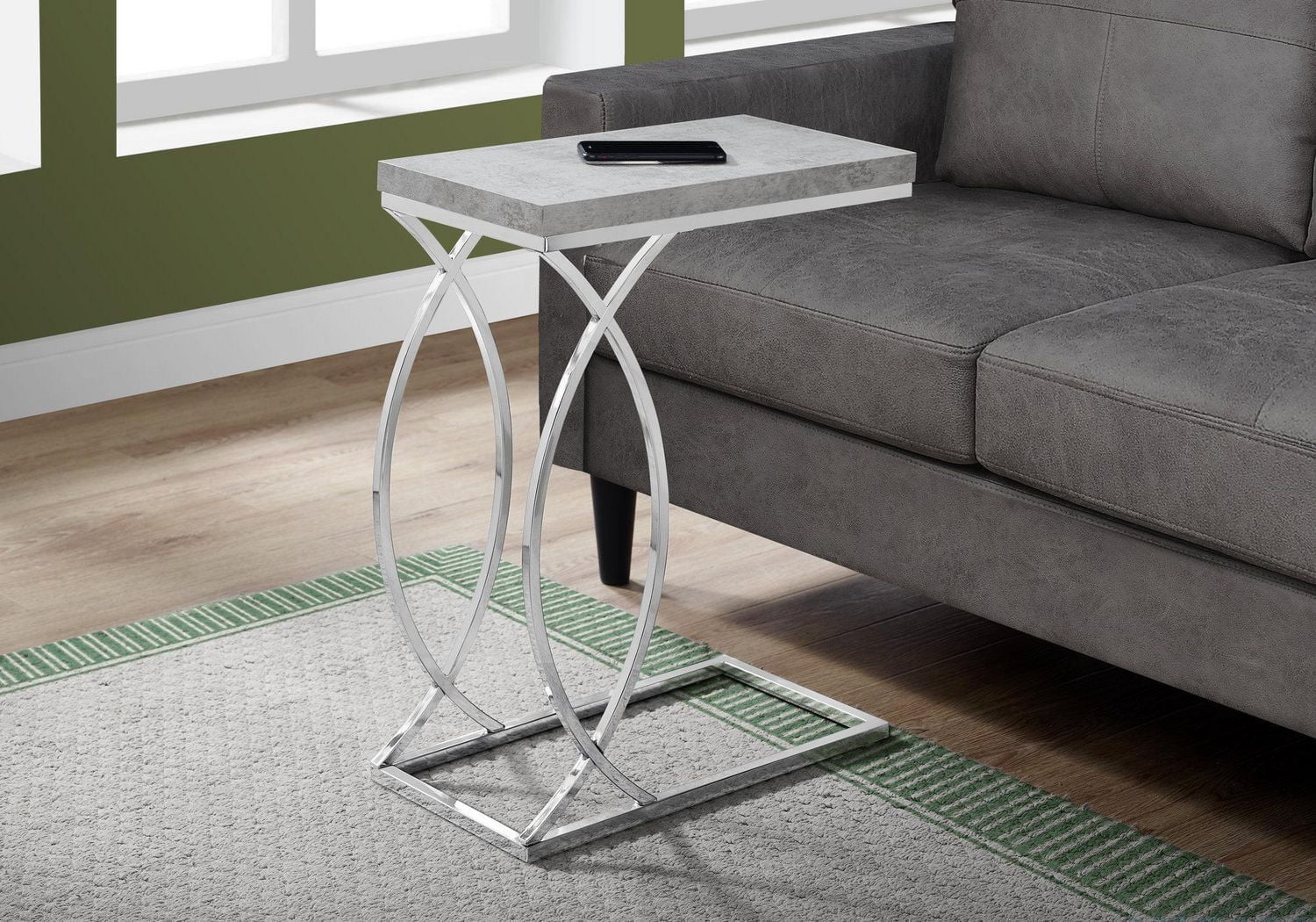 Monarch Specialties Table D'appoint, En Forme De C, Bout, Côté, Collation, Salon, Chambre À Coucher, Métal, Stratifié, Gris, Chrome, Contemporain, Moderne