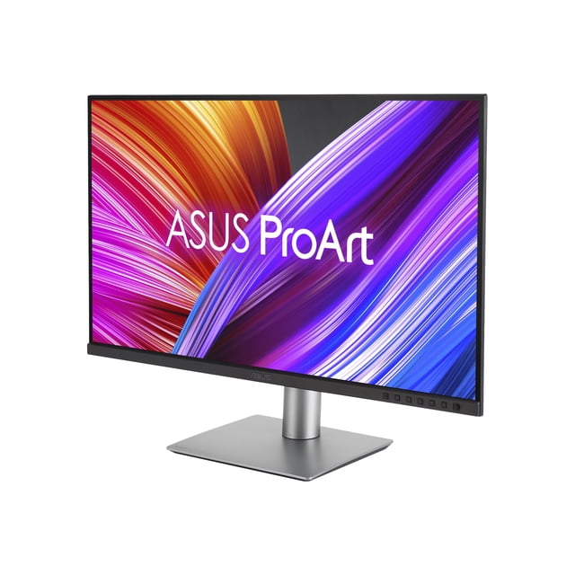 Asus ProArt Display 27" 4K UHD IPS Monitor PA279CRV in black with slim bezels and silver adjustable stand, showing vibrant abstract orange, purple, and blue streaks on screen. It offers 99% DCI-P3 and Adobe RGB color coverage, factory calibration for video editing, and ergonomic tilt, swivel, pivot, and height adjustments.