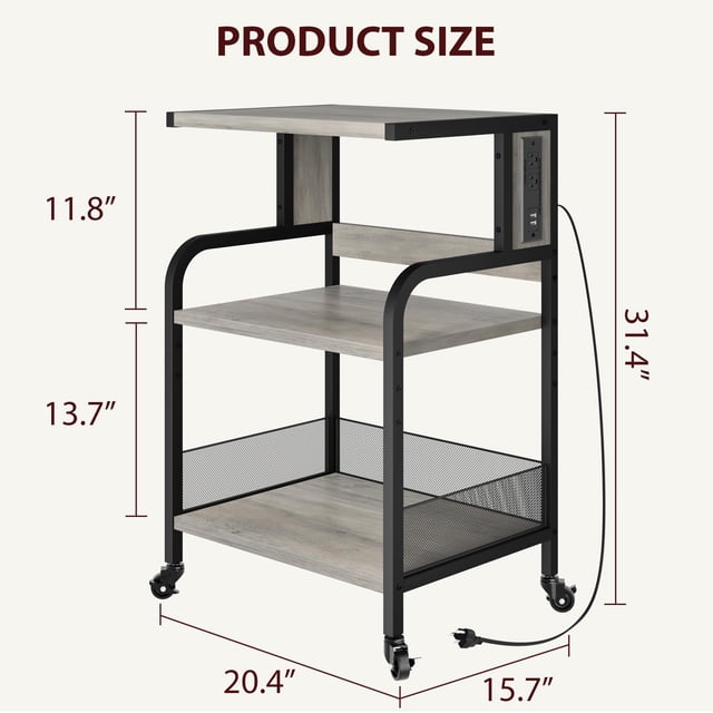 GloryStar 31.4''H Printer Stand with Power Outlets and USB Ports, featuring a 3-tier design with a grey MDF board and black steel frame. Includes a built-in charging station with 2 AC outlets and 2 USB ports, overload protection, and adjustable middle shelf. Equipped with four heavy-duty wheels, two with brakes, for mobility and stability. Dimensions: 20.4'' L x 15.7'' W x 31.4'' H.