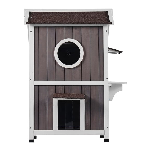 KFFKFF Weather-Resistant Outdoor Cat Home, Spacious Two-Level Wooden Shelter for Feral Cats, Equipped with Entryways, PVC Curtains, and a Transparent Window, Dimensions: 23"L x 26"W x 36"H