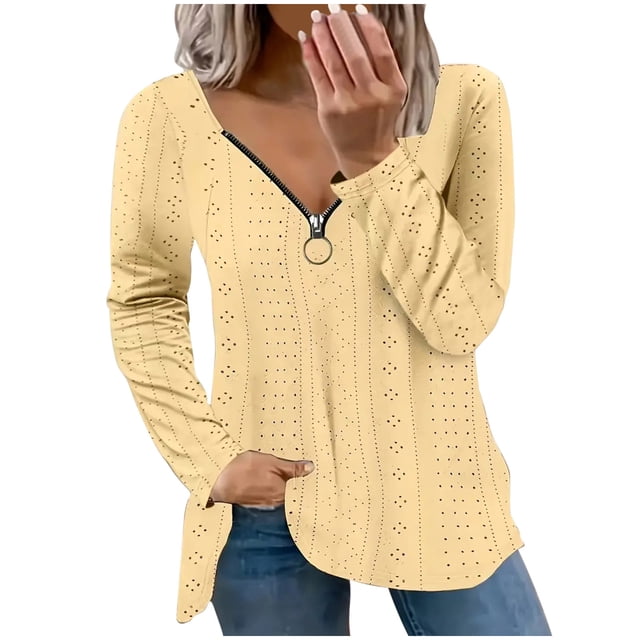 Timegard Hauts Grande Taille pour Femmes Col en V Fermeture Éclair Œillet Manches Longues Blouse Tunique Décontractée Habillée