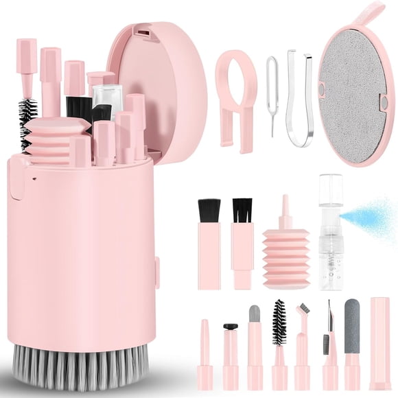 Djiypn Keyboard Cleaner Kit, Electronics Cleaning Kit with Retractable Big Brush, Portable 20-IN-1 Multi-Tools Kit for Phones, Tablet, Computer, PC, TV Camera Lens with 10ml Mist Spray (Pink)