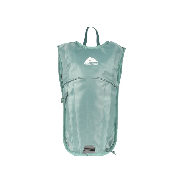 Ozark Trail 4L Hydration Pack with Reflective Accent in green, front view featuring a 4-liter hydration reservoir, zippered front pocket, mesh side panels, adjustable sternum strap, reflective safety accent, and hanging loop, suitable for hiking, city walks, and travel.