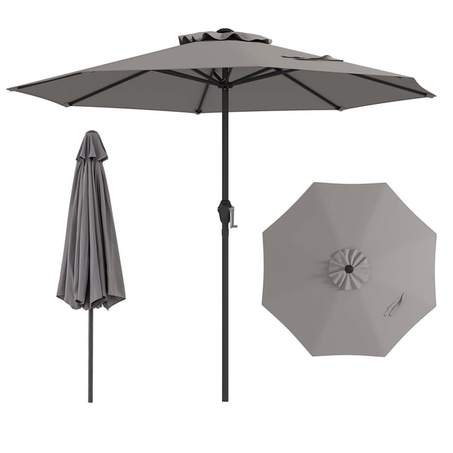 Gymax Outdoor Patio Umbrella in gray with a sun-proof polyester fabric canopy, ideal for patio shade and garden use. Features include 8 heavy-duty ribs, a powder-coated metal pole, and a crank handle for effortless operation. The vented canopy design improves air circulation, and the umbrella measures 8.5 ft x 8.5 ft x 7.4 ft. Suitable for residential and commercial outdoor spaces.